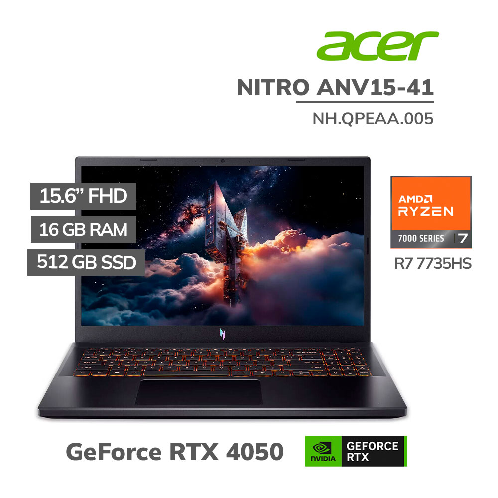NH.QPEAA.005 LAPTOP GAMER ACER NITRO ANV15-41 RYZEN 7 7735HS 16GB 512GB SSD RTX 4050 6GB 15.6 FHD WINDOWS 11 (NH.QPEAA.005) - Imagen 1