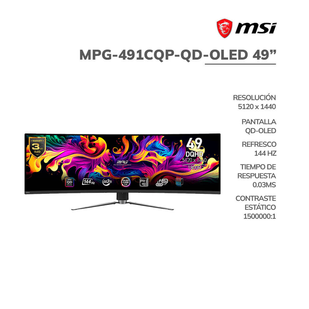 monitor-gamer-msi-49-mpg-491cqp-qd-oled-panel-qd-oled-curvo-dqhd-5120x1440-144hz-0.03ms-hdmi-dp-pc-speed MONITOR GAMER MSI 49" ( MPG-491CQP-QD-OLED ) PANEL QD-OLED CURVO | DQHD 5120X1440 | 144HZ - 0.03MS | HDMI - DP