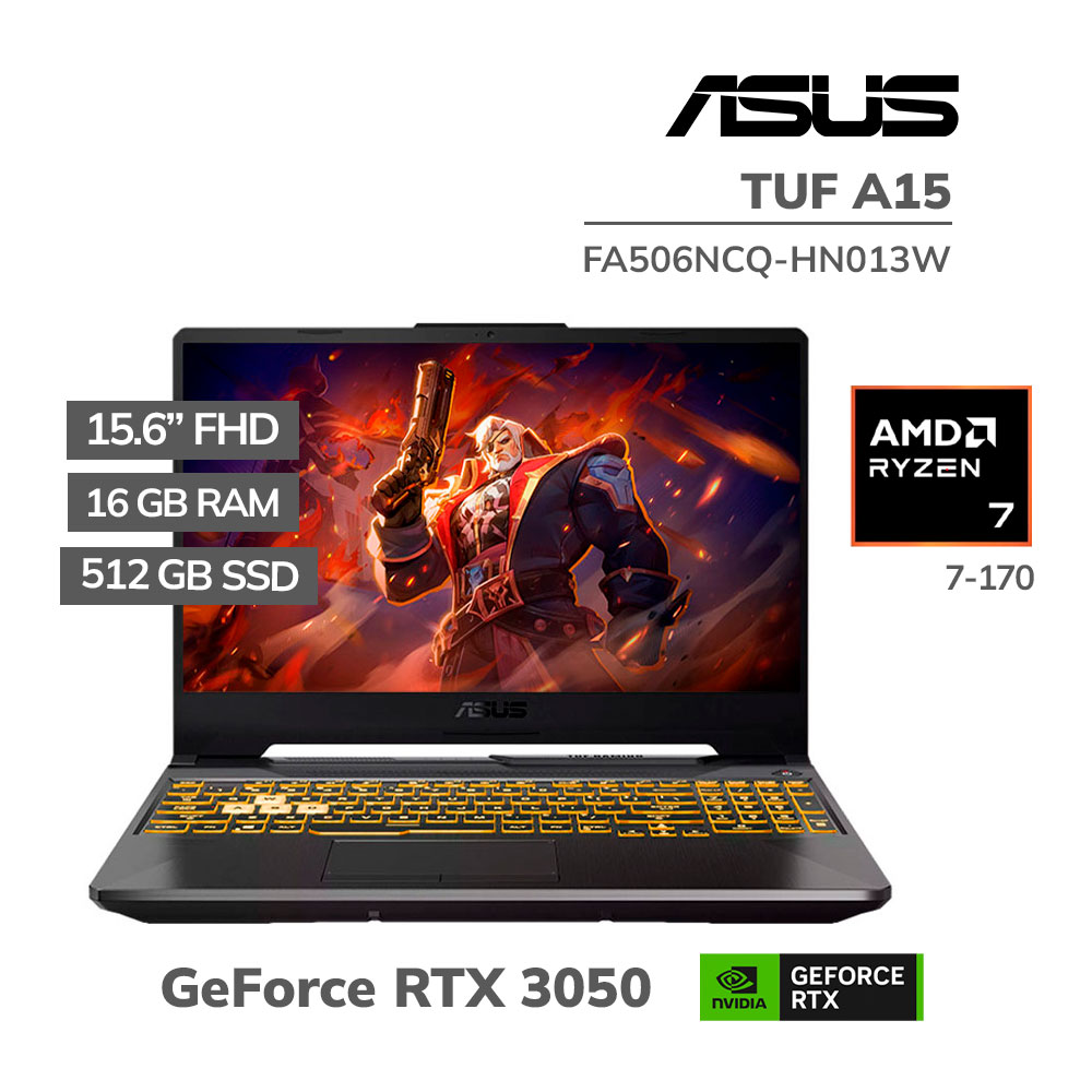 FA506NCQ-HN013W LAPTOP GAMER ASUS TUF A15 FA506NCQ-HN013W R7-170 16GB 512GB SSD RTX 3050 4GB 15.6 FHD WINDOWS 11 (90NR0QE7-M000E0) - Imagen 1