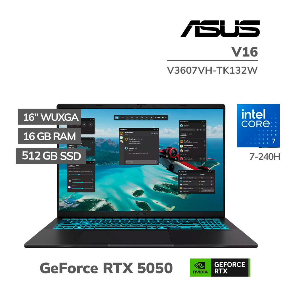V3607VH-TK132W LAPTOP GAMER ASUS V3607VH-TK132W CORE 7-240H 16GB DDR5 512GB SSD RTX 5050 8GB 16 WUXGA WINDOWS 11 (90NB16L1-M00AU0) - Imagen 1