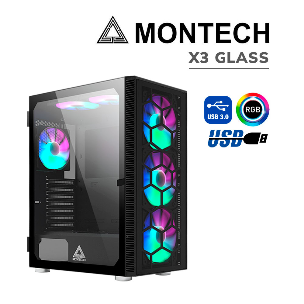 X3GLASS CASE MONTECH X3 GLASS BLACK S/FUENTE|VIDRIO TEMPLADO|LED-RGB|NEGRO - Imagen 1