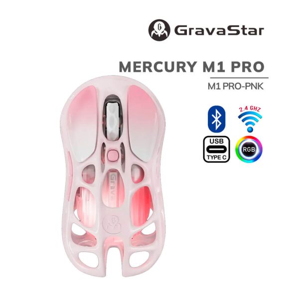 MOUSE GAMER GRAVASTAR MERCURY M1 PRO SAKURA PINK (M1 PRO-PNK) WIRED -WIRELESS | SENSOR PAW3395DM - 26K DPI | LED-RGB