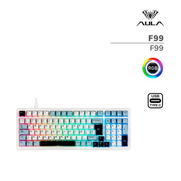 TECLADO GAMER AULA F99 (F99) SWITCH GRAY WOOD V3 | BLUE/WHITE/DARK PURPLE | LED-RGB