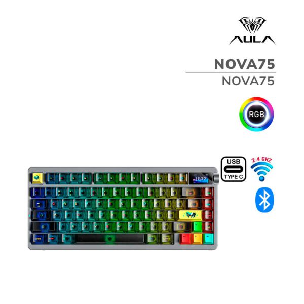 TECLADO GAMER AULA NOVA75 (NOVA75) SWITCH DREAM SAKURA | BLACK TRANSLUCENT | WIRED - WIRELESS -BT | LED-RGB