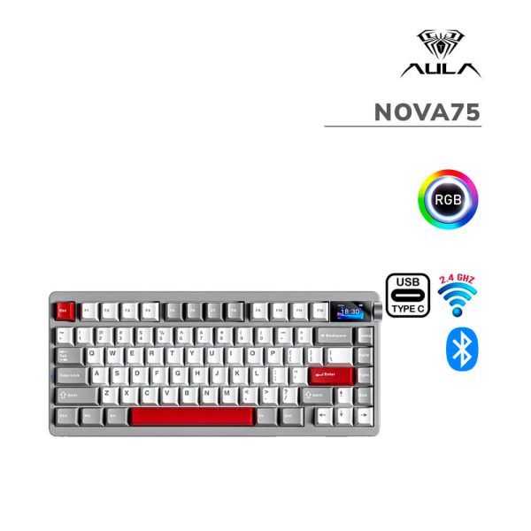 TECLADO GAMER AULA (NOVA75) SWITCH CARAMEL LATTE | GREY/WHITE/RED | WIRED - WIRELESS -BT | LED-RGB