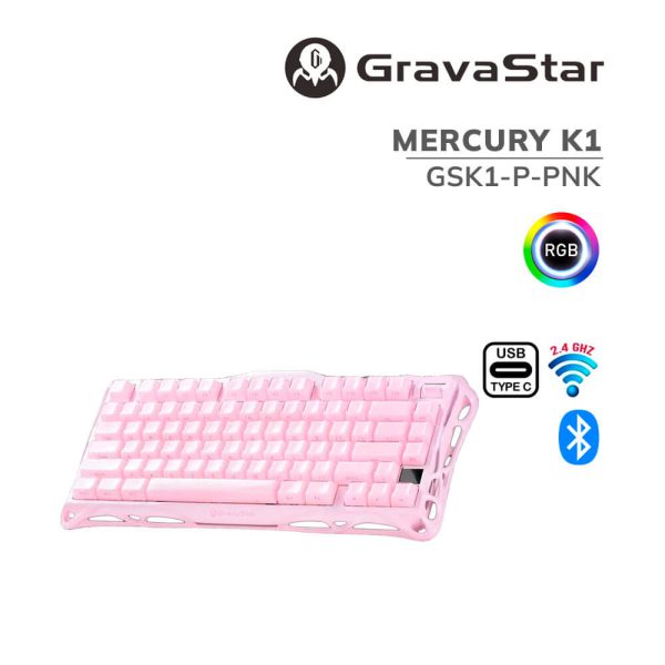 TECLADO GAMER GRAVASTAR MERCURY K1 (GSK1-P-PNK) WIRED - BT - WIRELESS | LED-RGB | SAKURA PINK