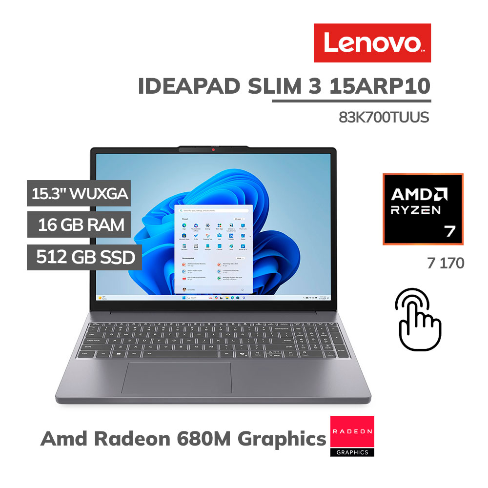 83K700TUUS LAPTOP LENOVO IDEAPAD SLIM 3 15ARP10 RYZEN 7 170 16GB DDR5 512GB 15.3 WUXGA TOUCHSCREEN WINDOWS 11 (83K700TUUS) - Imagen 1