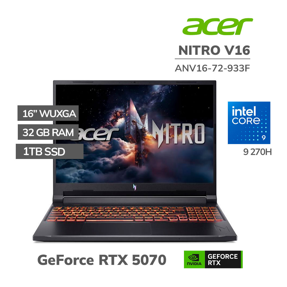 ANV16-72-933F LAPTOP GAMER ACER NITRO V16 ANV16-72-933F CORE 9 270H 32GB DDR5 1TB SSD RTX 5070 8GB 16 WUXGA WINDOWS 11 (NH.U2FAA.003) - Imagen 1