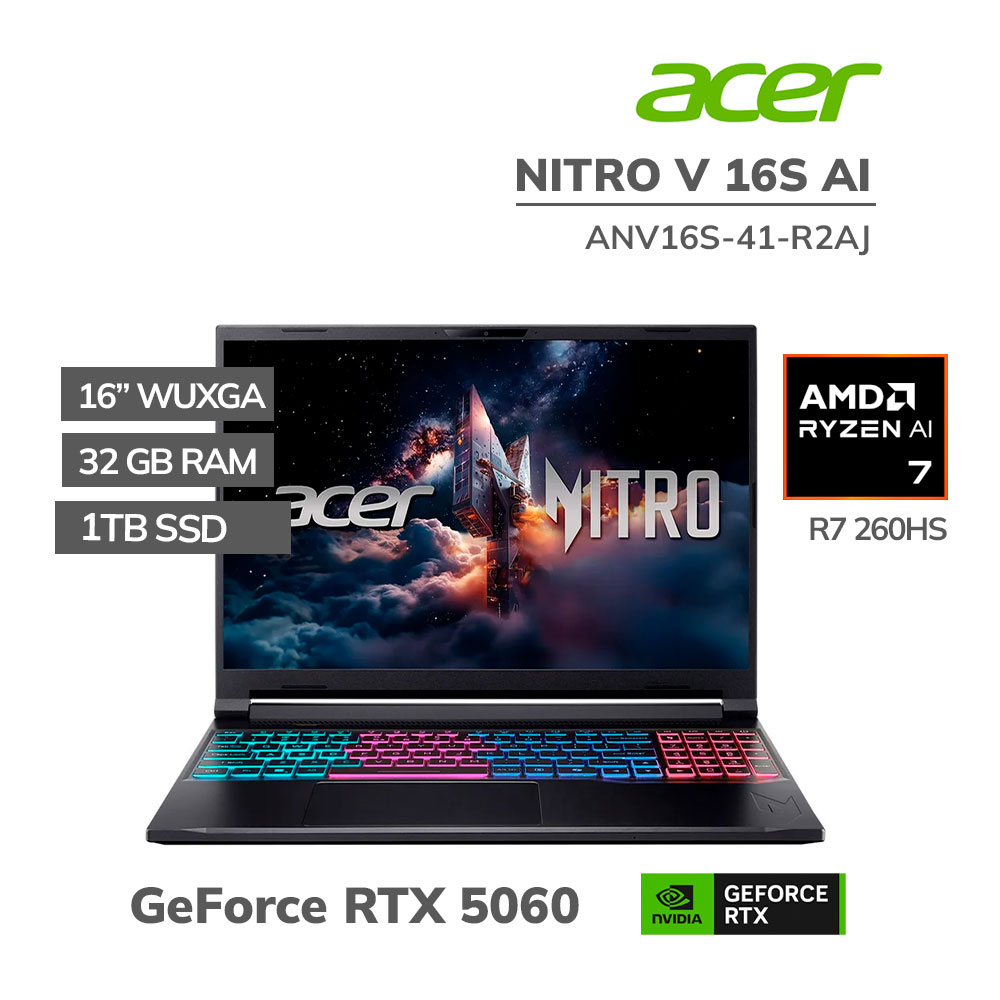 ANV16S-41-R2AJ LAPTOP GAMER ACER NITRO V 16S AI ANV16S-41-R2AJ RYZEN 7 260HS 32GB 1TB SSD RTX 5060 8GB 16 WUXGA WINDOWS 11 - Imagen 1