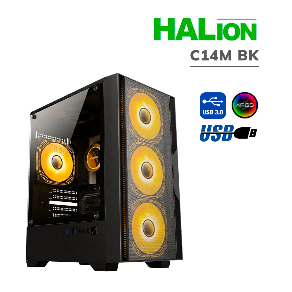 C14M-BK CASE GAMER HALION C14M ( C14M BK ) 550W | PANEL VIDRIO | 4 LED-ARGB - Imagen 1