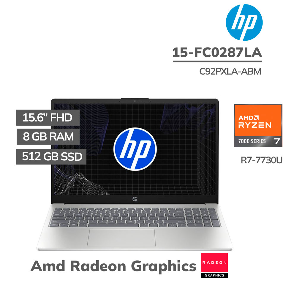 C92PXLA-ABM LAPTOP HP 15-FC0287LA RYZEN 7-7730U 8GB 512GB SSD 15.6 FHD WINDOWS 11 (C92PXLA-ABM) - Imagen 1