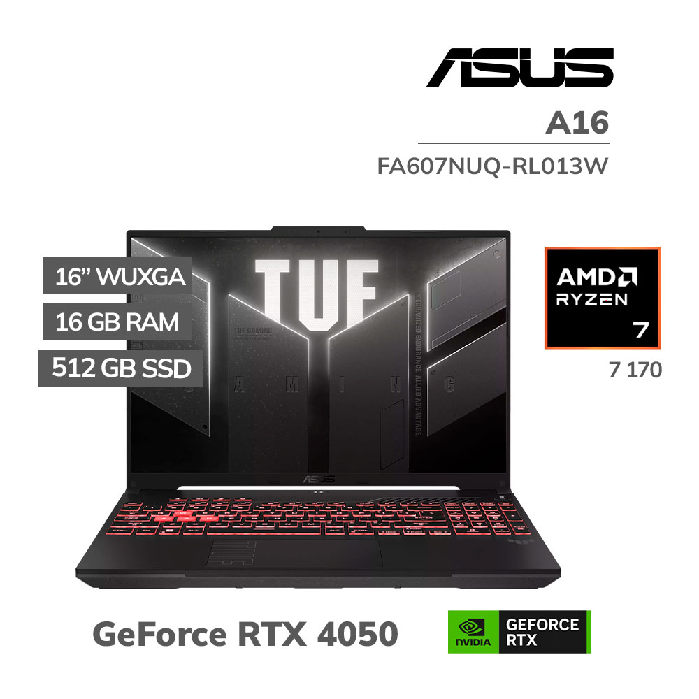 FA607NUQ-RL013W LAPTOP GAMER ASUS A16 FA607NUQ-RL013W RYZEN 7 170 16GB DDR5 512GB SSD RTX 4050 6GB 16 WUXGA WINDOWS 11 (90NR0QF3-M000U0) - Imagen 1