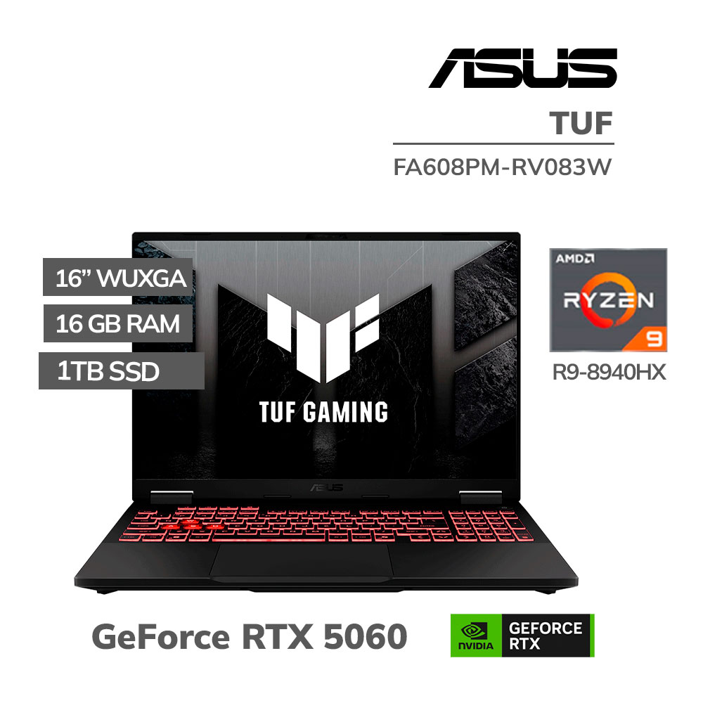 FA608PM-RV083W LAPTOP GAMER ASUS TUF FA608PM-RV083W RYZEN 9-8940HX 16GB DDR5 1TB SSD RTX 5060 8GB 16 WUXGA WINDOWS 11 - Imagen 1