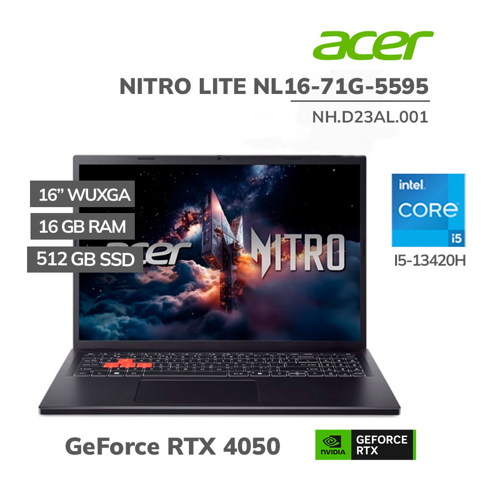 NH.D23AL.001 LAPTOP GAMER ACER NITRO LITE NL16-71G-5595 I5-13420H 16GB DDR5 512GB SSD RTX 4050 6GB 16 WUXGA WINDOWS 11 (NH.D23AL.001) - Imagen 1
