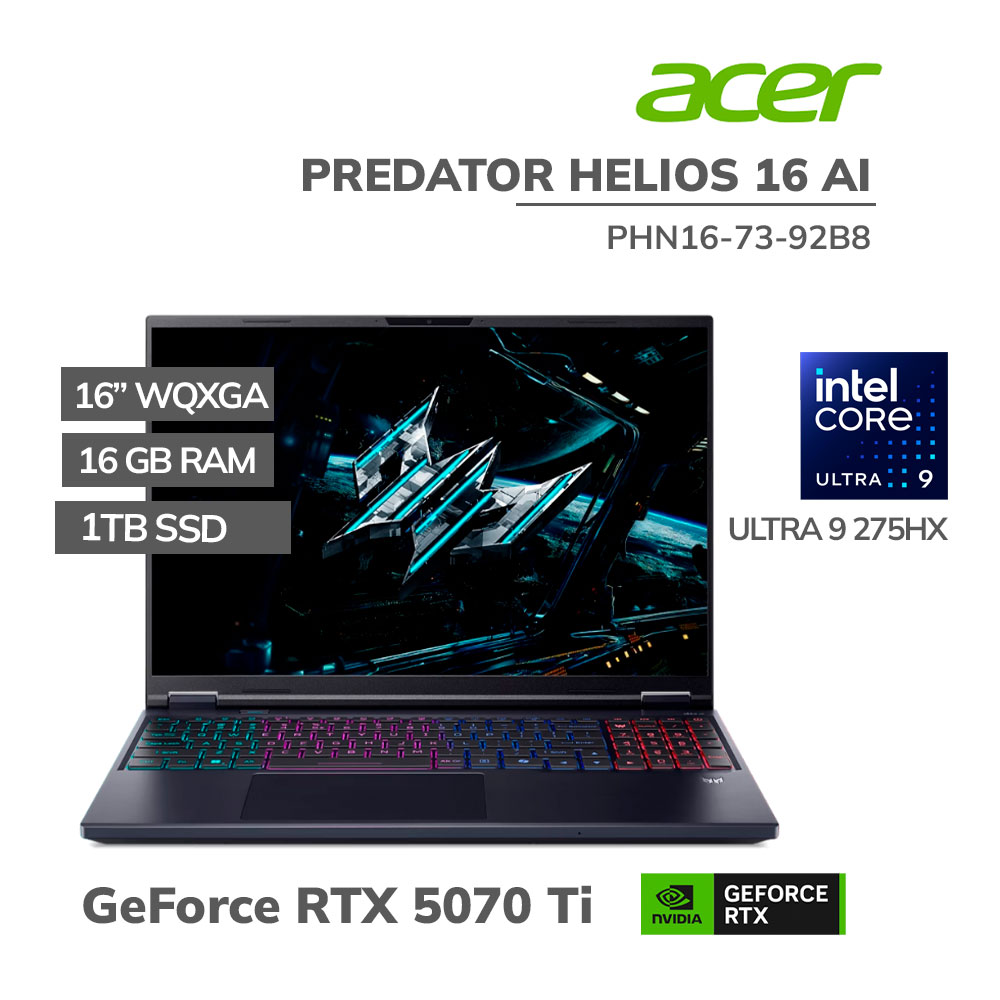 PHN16-73-92B8 LAPTOP GAMER ACER PREDATOR HELIOS 16 AI PHN16-73-92B8 ULTRA 9 275HX 16GB 1TB SSD RTX 5070 TI 12GB 16 WQXGA WINDOWS 11 - Imagen 1