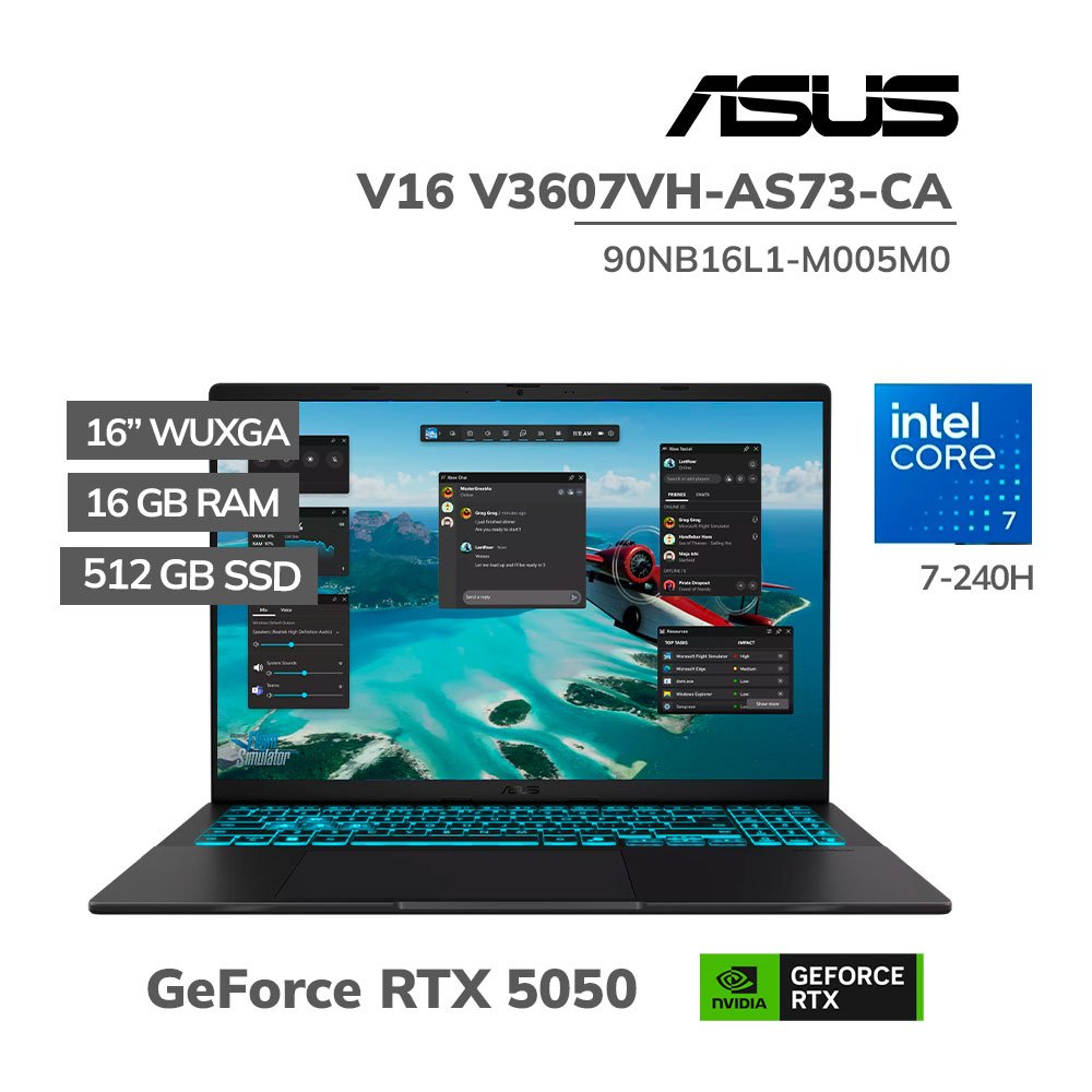 90NB16L1-M005M0 LAPTOP GAMER ASUS V16 V3607VH-AS73-CA CORE 7 240H 16GB DDR5 512GB SSD GEFORCE RTX 5050 16 WUXGA 144HZ WINDOWS 11 (90NB16L1-M005M0) - Imagen 1