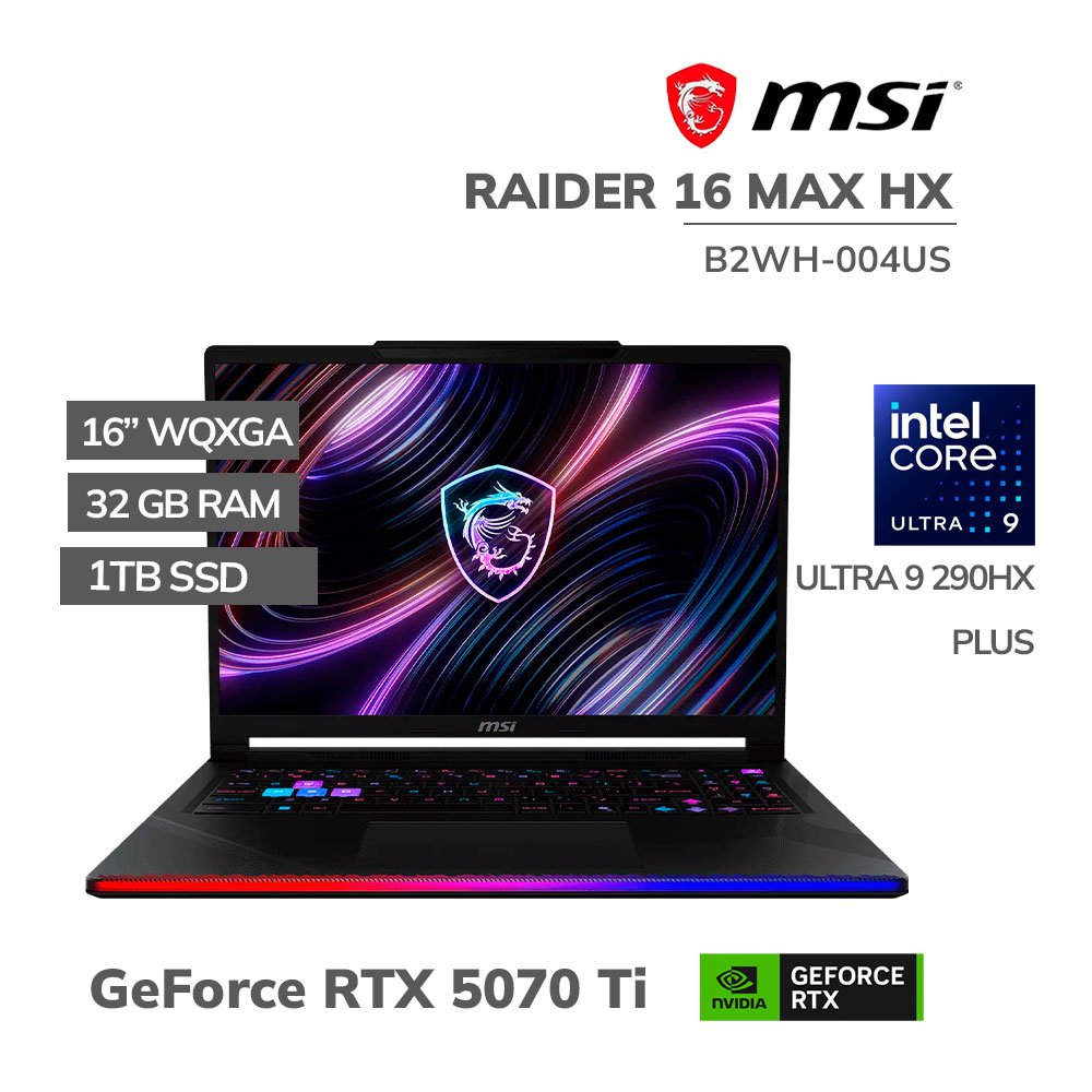 B2WH-004US LAPTOP GAMER MSI RAIDER 16 MAX HX B2WH-004US ULTRA 9 290HX PLUS 32GB 1TB SSD RTX 5070 TI 16 WQXGA WINDOWS 11 - Imagen 1