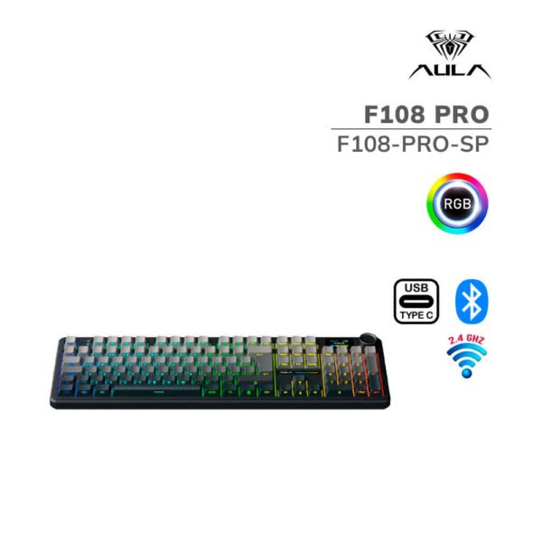 TECLADO GAMER AULA F108 PRO (F108-PRO-SP) WIRED - BT - WIRELESS | BLACK DEGRADED | SWITCH RAIN DROP | LED-RGB