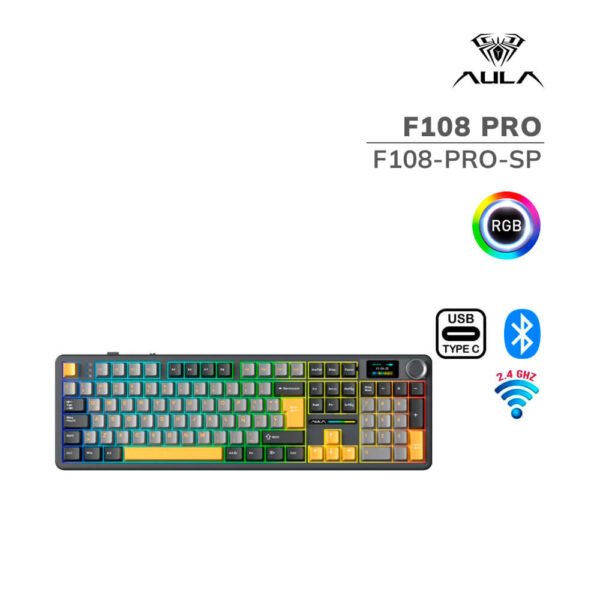 TECLADO GAMER AULA F108 PRO (F108-PRO-SP) WIRED - BT - WIRELESS | BLACK/GREY/YELLOW | SWITCH REAPER | LED-RGB