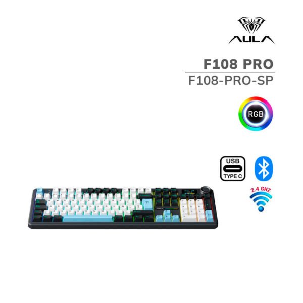 TECLADO GAMER AULA F108 PRO (F108-PRO-SP) WIRED - BT - WIRELESS | BLACK/WHITE/BLUE | SWITCH REAPER | LED-RGB