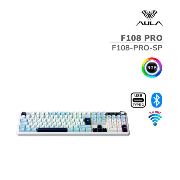 TECLADO GAMER AULA F108 PRO (F108-PRO-SP) WIRED - BT - WIRELESS | BLUE/WHITE/DARK PURPLE | SWITCH REAPER | LED-RGB