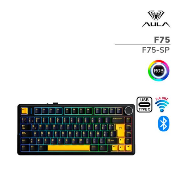 TECLADO GAMER AULA F75 (F75-SP) WIRED - WIRELESS - BT | BLACK/YELLOW | SWITCH REAPER | LED-RGB