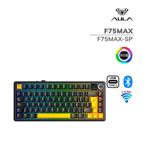 TECLADO GAMER AULA F75MAX (F75MAX-SP) WIRED - WIRELESS - BT | BLACK/DAR BLUE/ORANGE | SWITCH STAR VECTOR | LED-RGB
