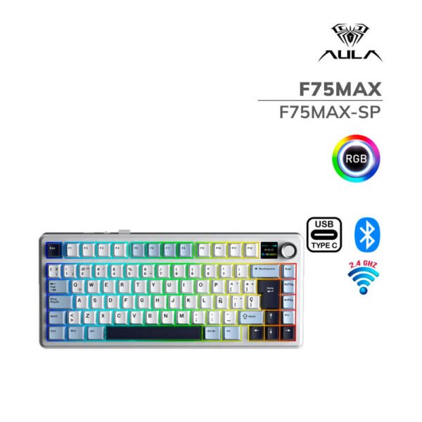 TECLADO GAMER AULA F75MAX (F75MAX-SP) WIRED - WIRELESS - BT | BLUE/WHITE/DARK PURPLE | SWITCH REAPER | LED-RGB