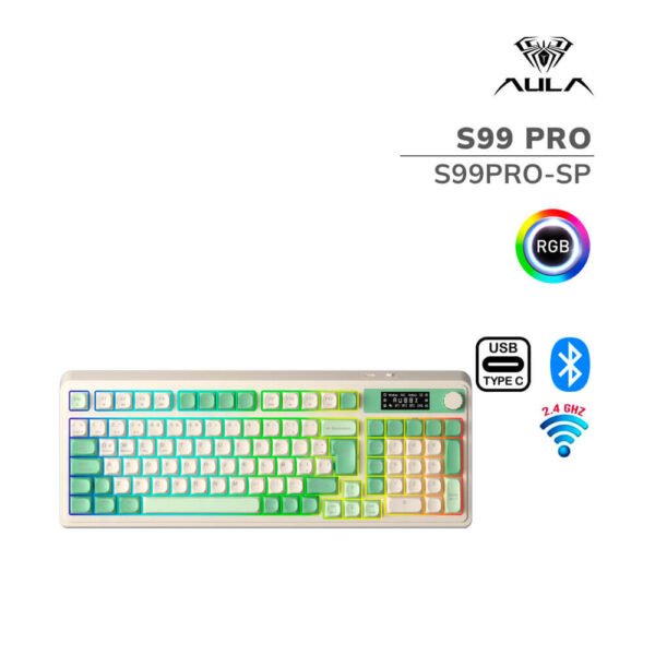 TECLADO GAMER AULA S99 PRO (S99PRO-SP) WIRED - BT - WIRELESS | GREEN LIGHT CREAM