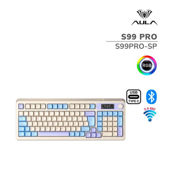 TECLADO GAMER AULA S99 PRO (S99PRO-SP) WIRED - BT - WIRELESS | LIGHT BLUE/MIL YELLOW/PURPLE