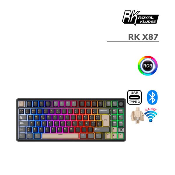 TECLADO GAMER ROYAL KLUDGE RK X87 (RK X87) WIRED - WIRELESS - BT | SWITCH CREAM | PHANTOM | LED-RGB