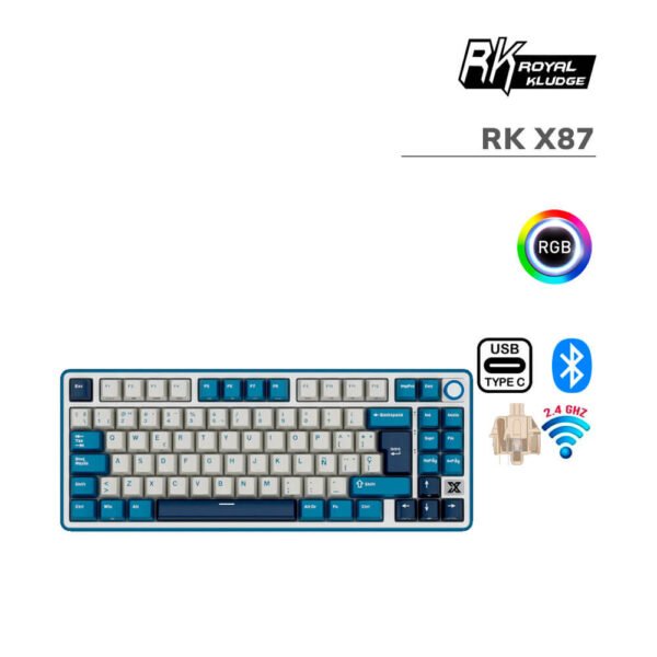 TECLADO GAMER ROYAL KLUDGE RK X87 (RK X87) WIRED - WIRELESS - BT | SWITCH CREAM | PRUSSIAN BLUE | LED-RGB