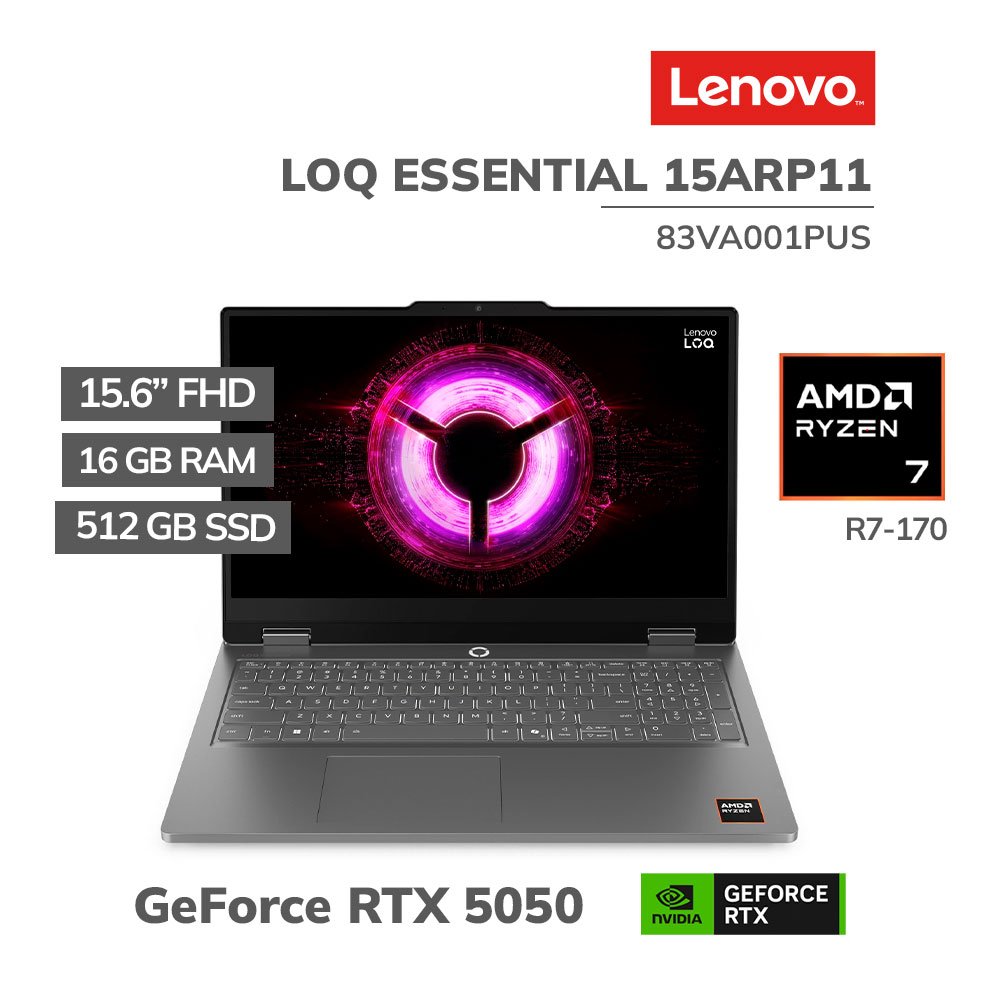 83VA001PUS LAPTOP GAMER LENOVO LOQ ESSENTIAL 15ARP11 RYZEN 7-170 16GB DDR5 512GB SSD RTX 5050 8GB 15.6 FHD WINDOWS 11 (83VA001PUS) - Imagen 1