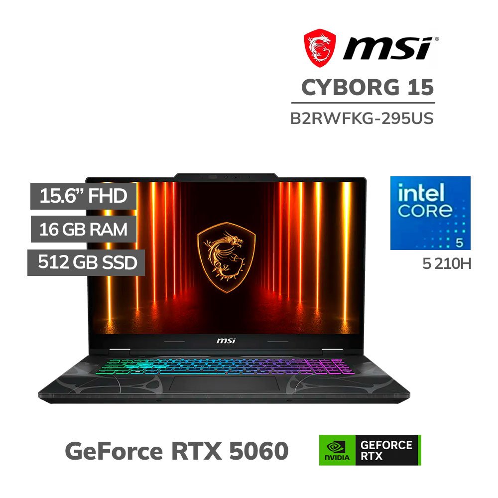 B2RWFKG-295US LAPTOP GAMER MSI CYBORG 15 B2RWFKG-295US CORE 5 210H 16GB 512GB SSD RTX 5060 8GB 15.6 FHD WINDOWS 11 - Imagen 1