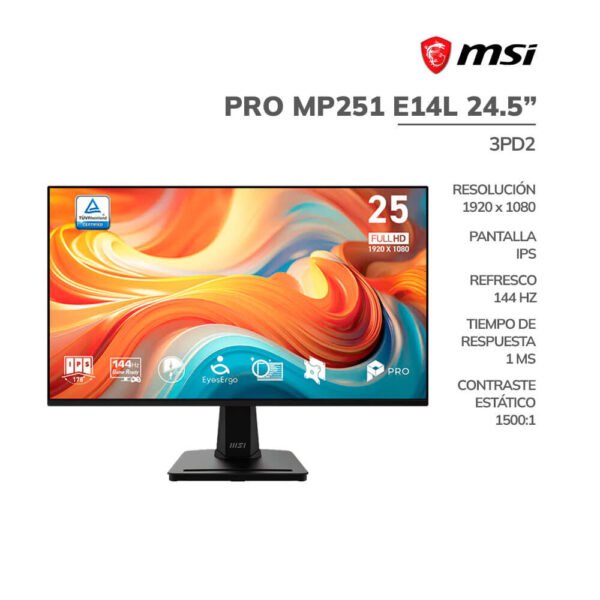 MONITOR MSI 24.5" PRO MP251 E14L (3PD2) PANEL IPS| 144HZ/ 1MS| VGA- HDMI