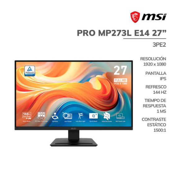 MONITOR MSI 27" PRO MP273L E14 (3PE2) PANEL IPS| 144HZ/ 1MS| VGA-HDMI