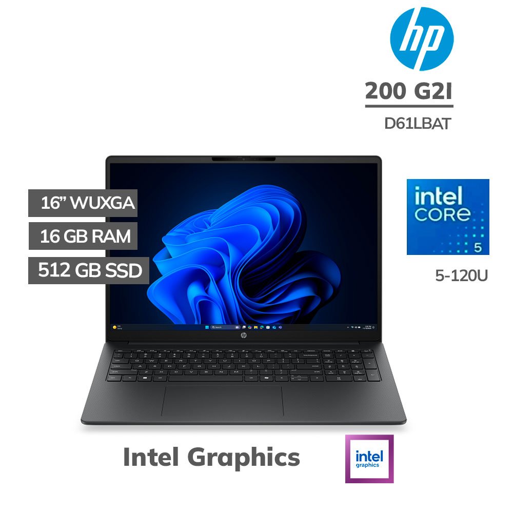 D61LBAT LAPTOP HP 200 G2I CORE 5-120U 16GB 512GB SSD 16 WUXGA FREEDOS (D61LBAT) - Imagen 1